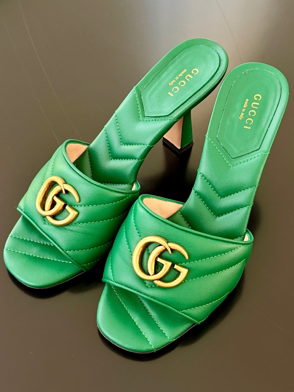 Gucci Emerald Nappa Matelasse GG Marmont 75mm Slide Sandals